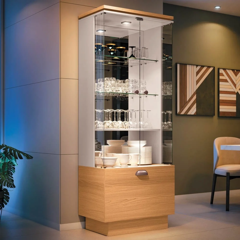 Cristaleira de Vidro com Espelho Aura Off White/Cinamomo - HB Móveis