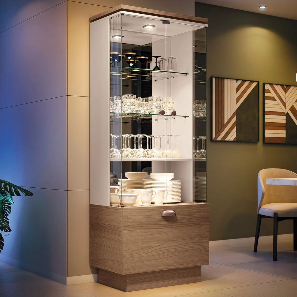 Cristaleira de Vidro com Espelho Aura Off/Castanho - HB Móveis