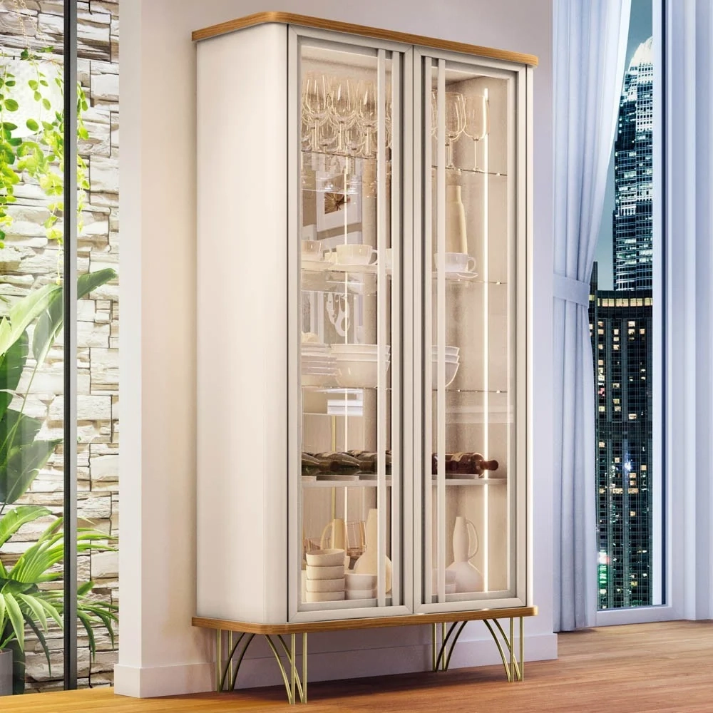 Cristaleira de Vidro com Espelho e LED Évora Off White/Cinamomo - HB Móveis