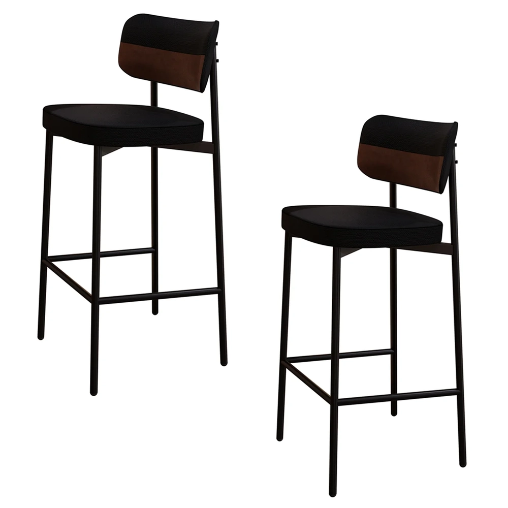 Banqueta Alta Bar Estofada Kit 2 Ella M25 Linho Preto/Marrom - Mpozenato