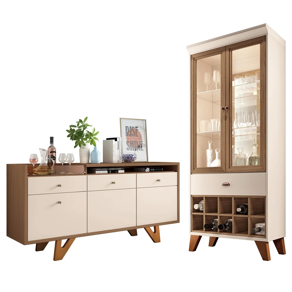 Buffet Aparador Ellora e Cristaleira Órfeo H01 Off/Castanho - Mpozenato