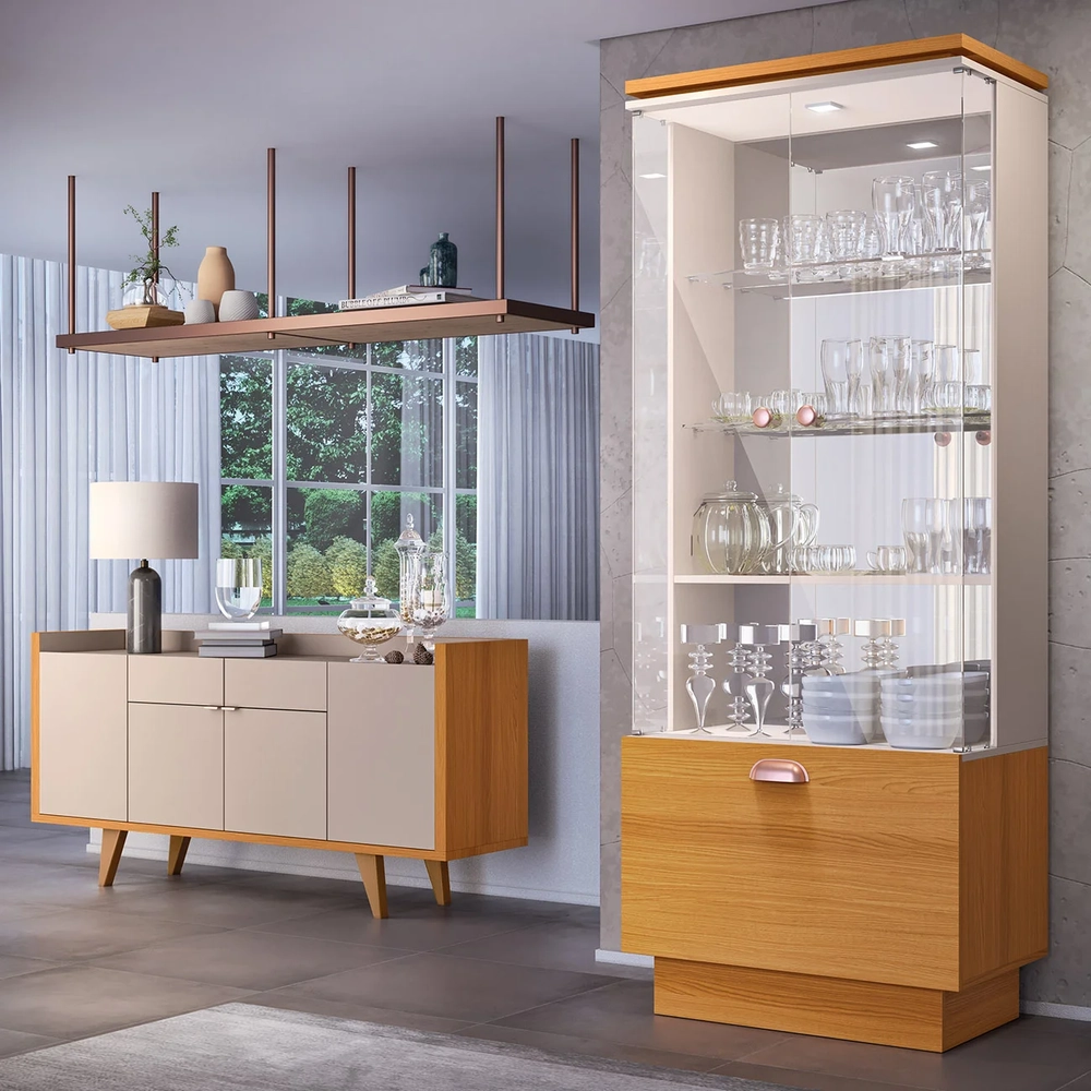 Buffet Aparador Melodia e Cristaleira Aura Off/Cinamomo - HB Móveis