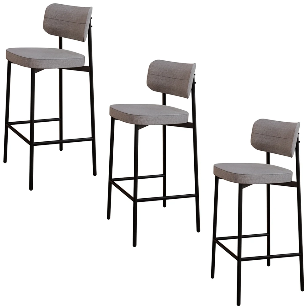 Banqueta Alta Bar Estofada Kit 3 Ella M25 Linho Cinza CL - Mpozenato