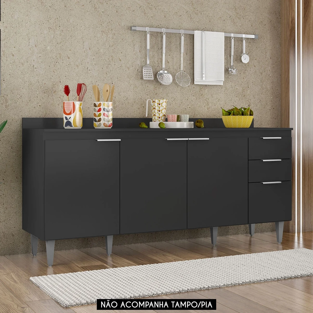Balcão Para Pia 180cm Sem Tampo Pérola Z34 Preto            - Mpozenato