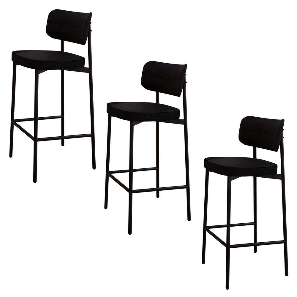 Banqueta Alta Bar Estofada Kit 3 Ella M25 Linho Preto - Mpozenato