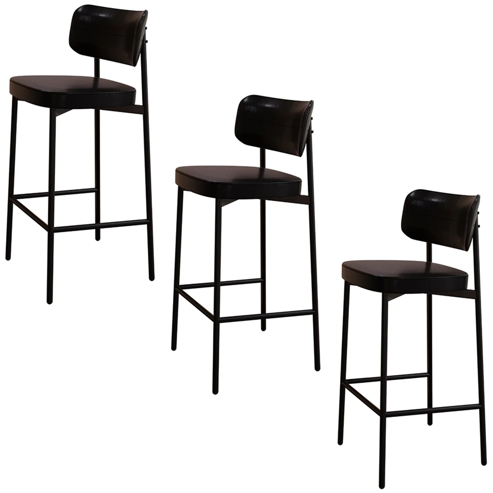 Banqueta Alta Bar Estofada Kit 3 Ella M25 Sintético Preto - Mpozenato