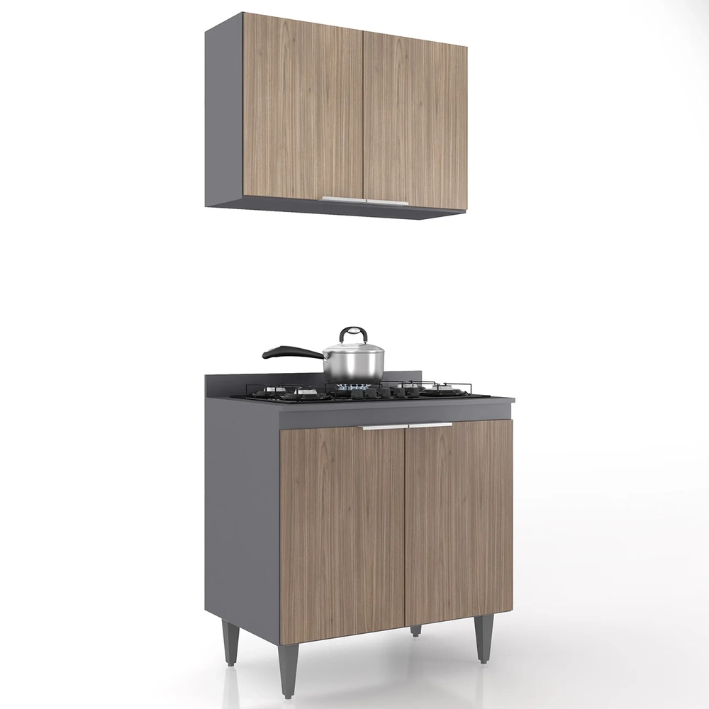 Armário de Cozinha e Balcão Cooktop Pérola Z34 Grafite/Freijó - Mpozenato