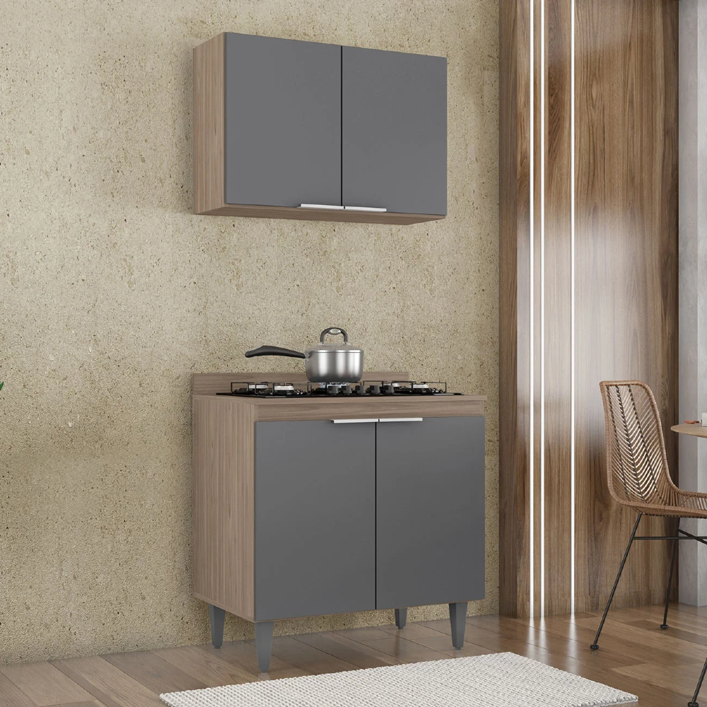 Armário de Cozinha e Balcão Cooktop Pérola Z34 Freijó/Grafite - Mpozenato
