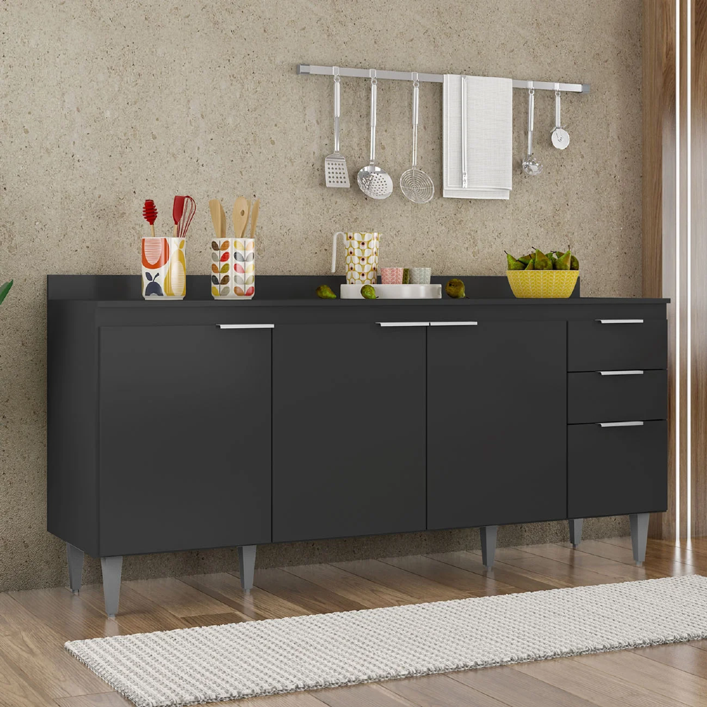 Balcão de Cozinha Com Tampo 180cm Pérola Preto Z34 - Mpozenato