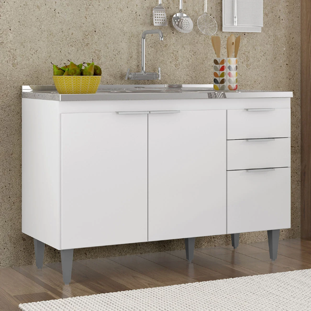 Balcão de Cozinha Com Pia Inox 120cm Pérola Z34 Branco - Mpozenato