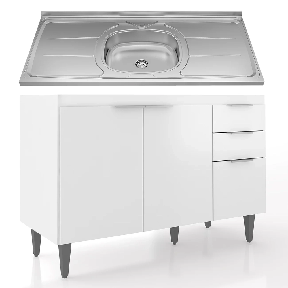 Balcão de Cozinha Com Pia Inox 120cm Pérola Z34 Branco      - Mpozenato