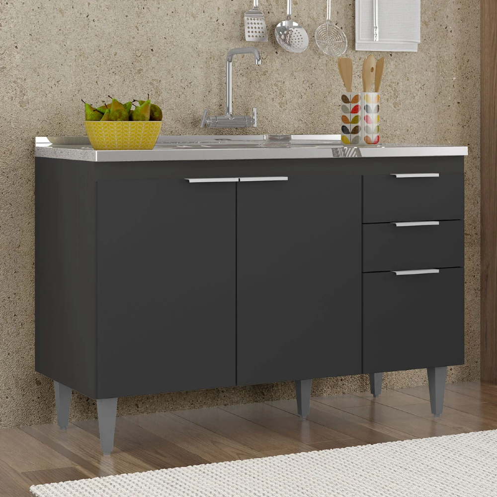 Balcão de Cozinha Com Pia Inox 120cm Pérola Z34 Preto - Mpozenato