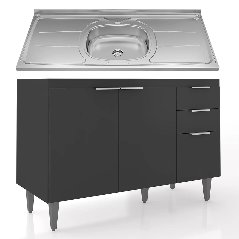 Balcão de Cozinha Com Pia Inox 120cm Pérola Z34 Preto       - Mpozenato