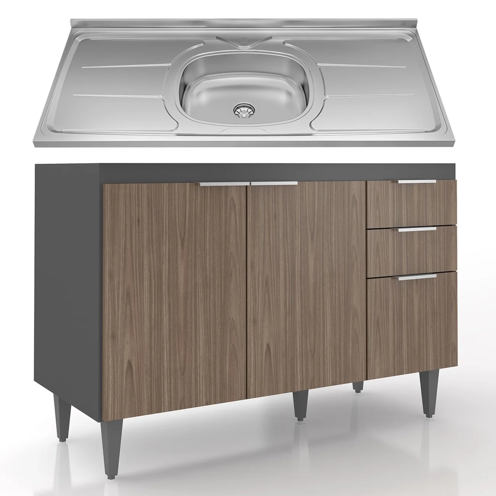Balcão de Cozinha Com Pia Inox 120cm Pérola Z34 Grafite/Freijó - Mpozenato