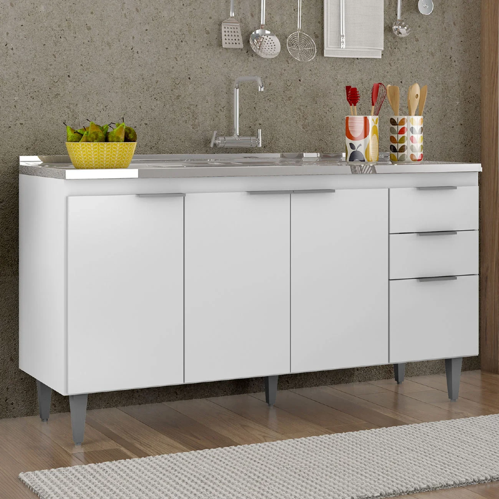 Balcão de Cozinha Com Pia Inox 150cm Pérola Z34 Branco - Mpozenato