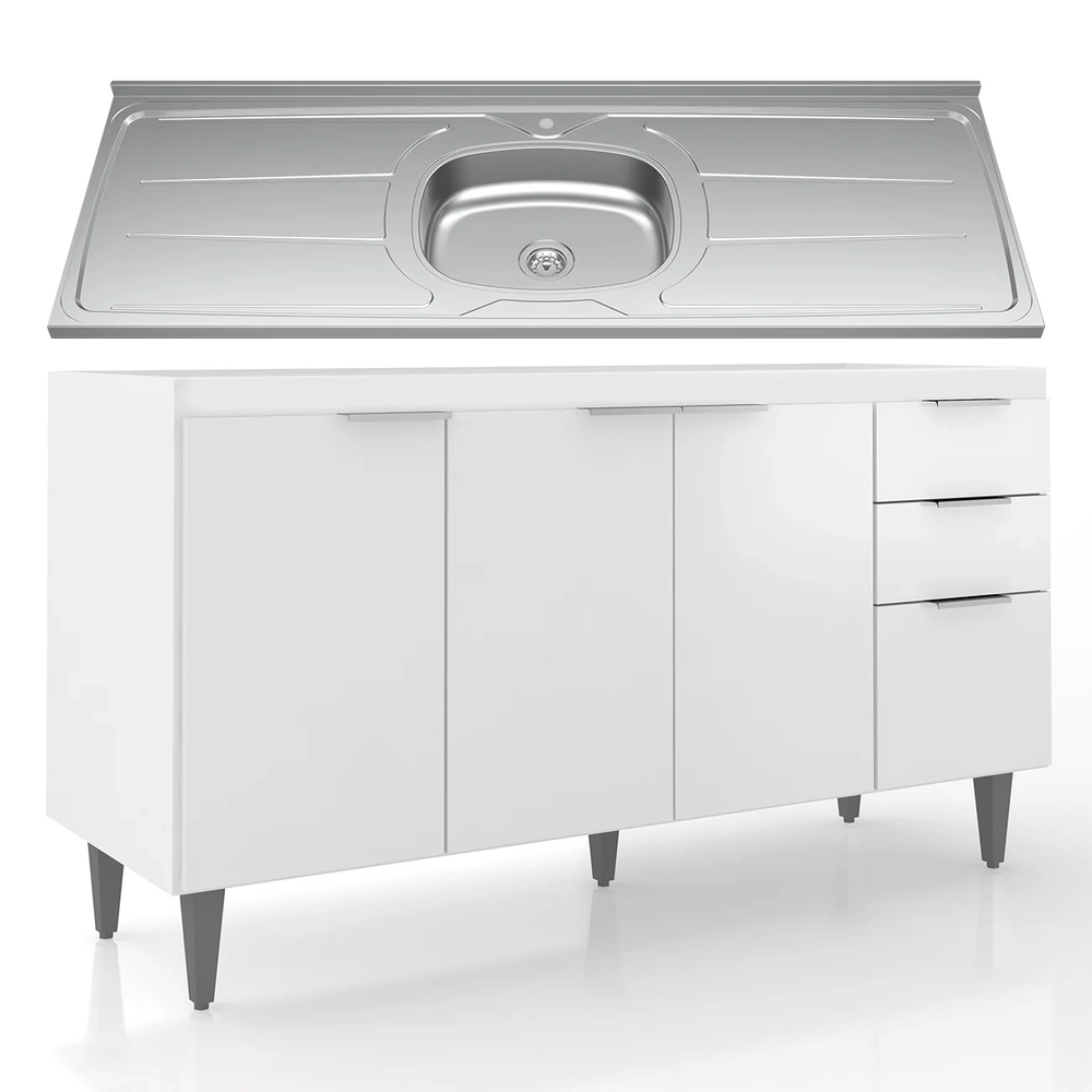 Balcão de Cozinha Com Pia Inox 150cm Pérola Z34 Branco      - Mpozenato