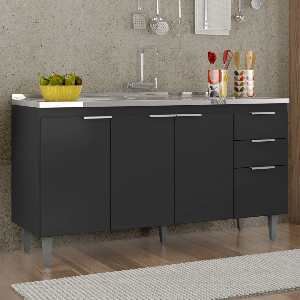 Balcão de Cozinha Com Pia Inox 150cm Pérola Z34 Preto - Mpozenato