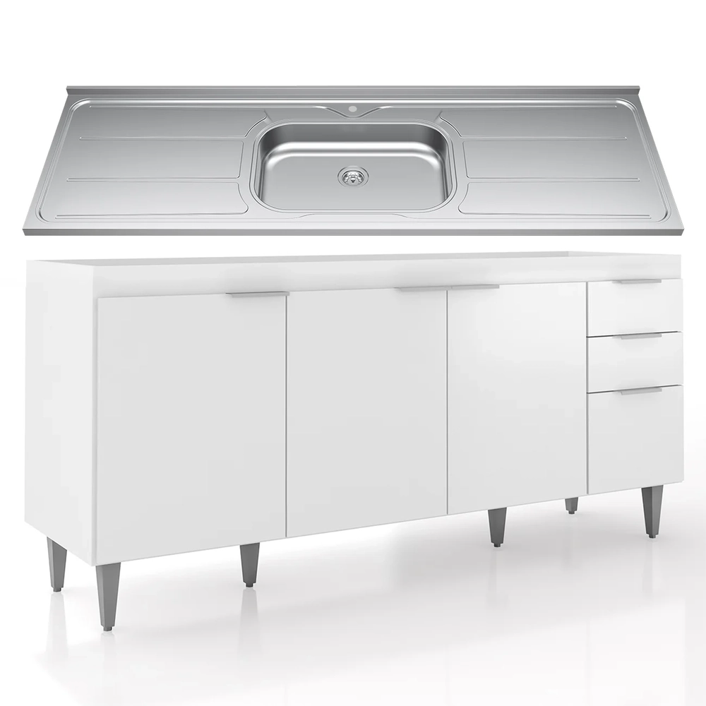 Balcão de Cozinha Com Pia Inox 180cm Pérola Z34 Branco      - Mpozenato