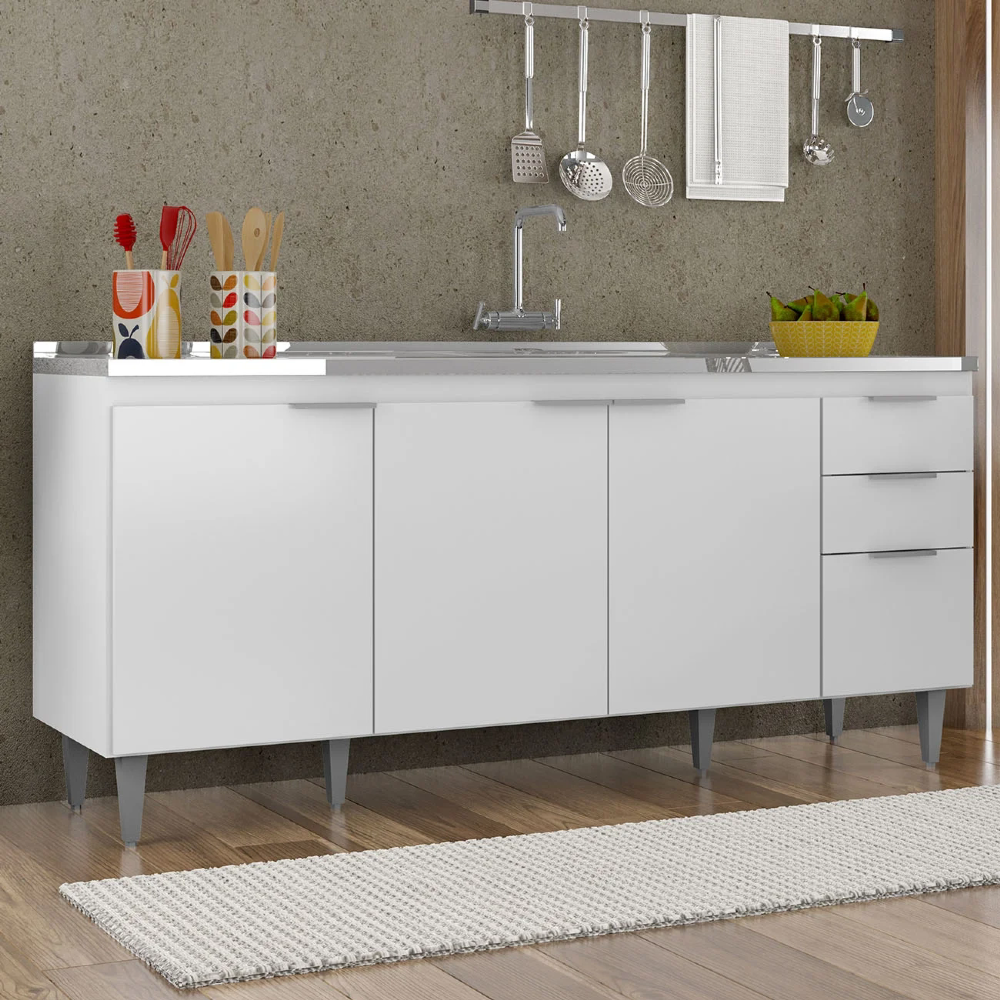 Balcão de Cozinha Com Pia Inox 180cm Pérola Z34 Branco - Mpozenato