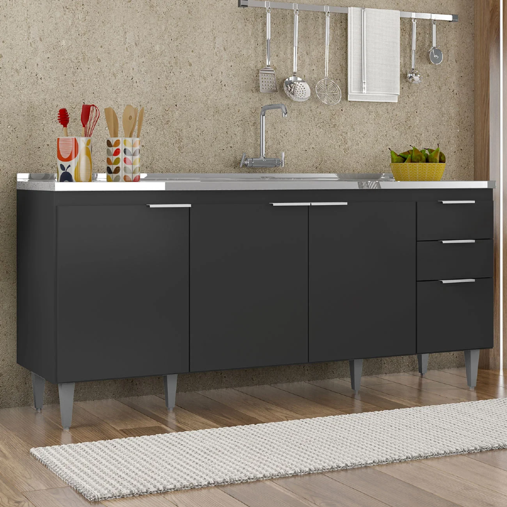 Balcão de Cozinha Com Pia Inox 180cm Pérola Z34 Preto - Mpozenato