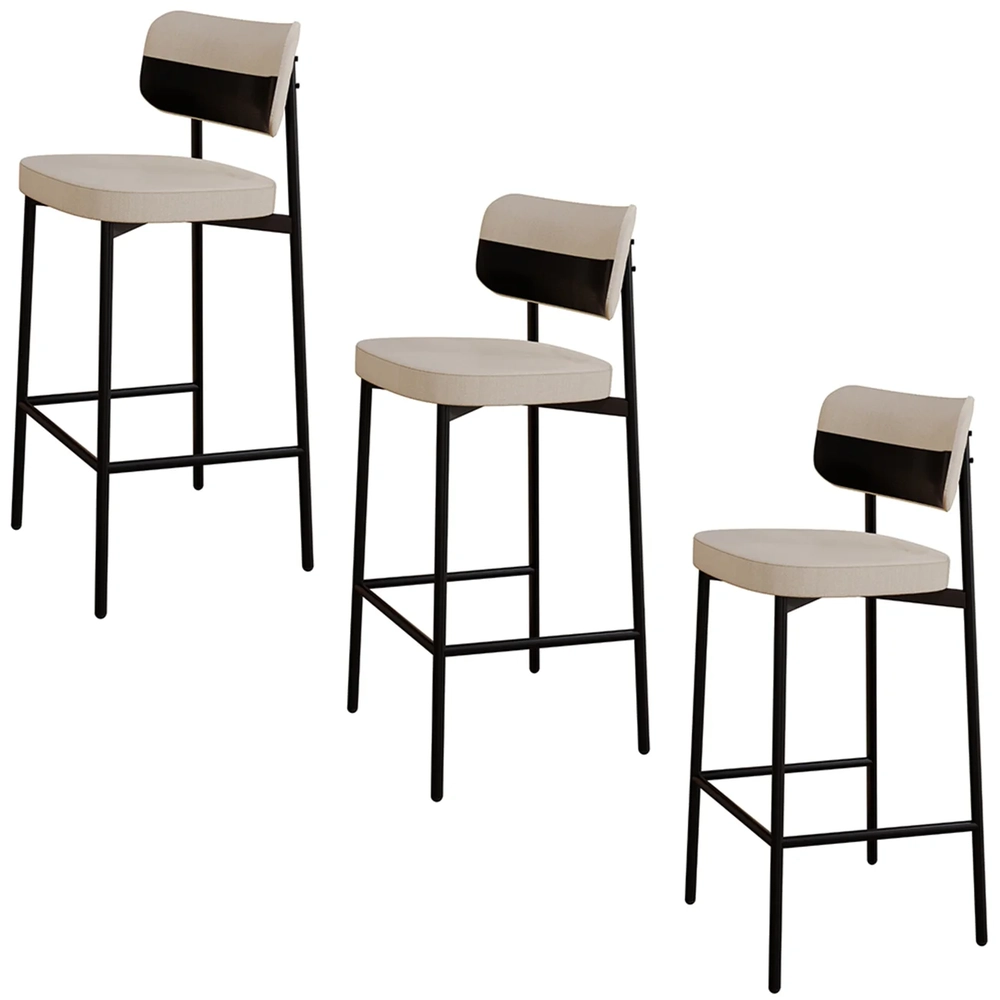 Banqueta Alta Bar Estofada Kit 3 Ella M25 Linho Areia/Preto - Mpozenato