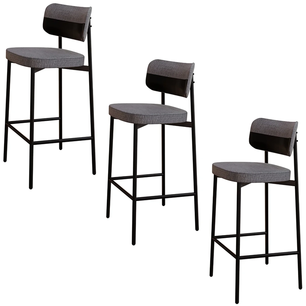 Banqueta Alta Bar Estofada Kit 3 Ella M25 Linho Cinza/Preto - Mpozenato