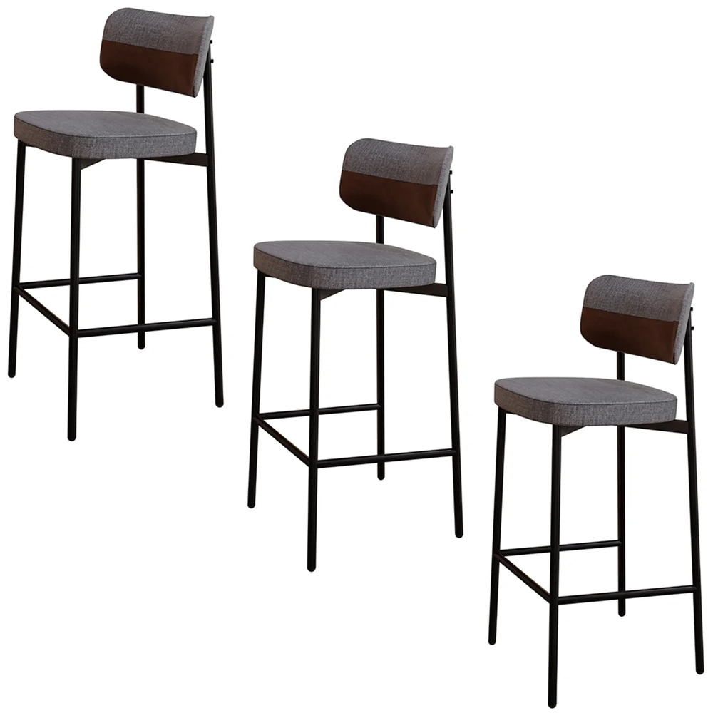 Banqueta Alta Bar Estofada Kit 3 Ella M25 Linho Cinza/Marrom - Mpozenato