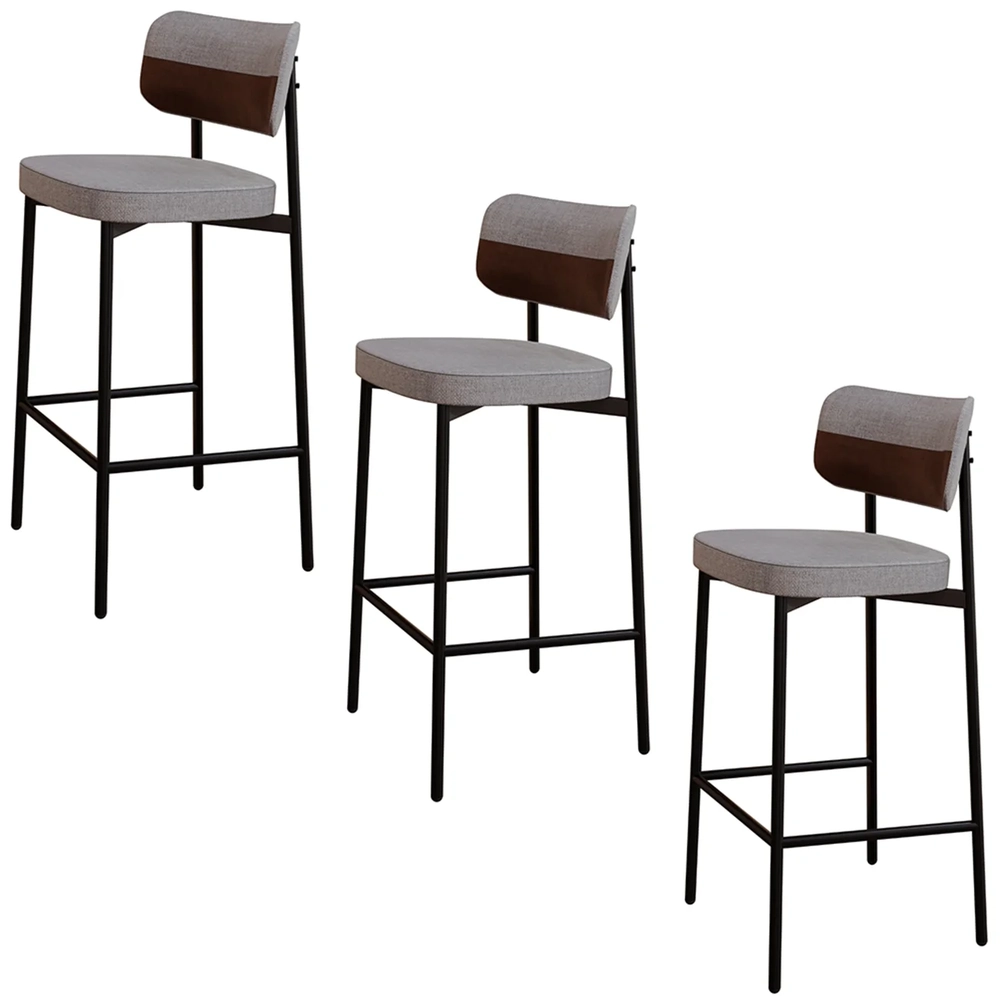 Banqueta Alta Bar Estofada Kit 3 Ella M25 Linho Cinza CL/Marrom - Mpozenato