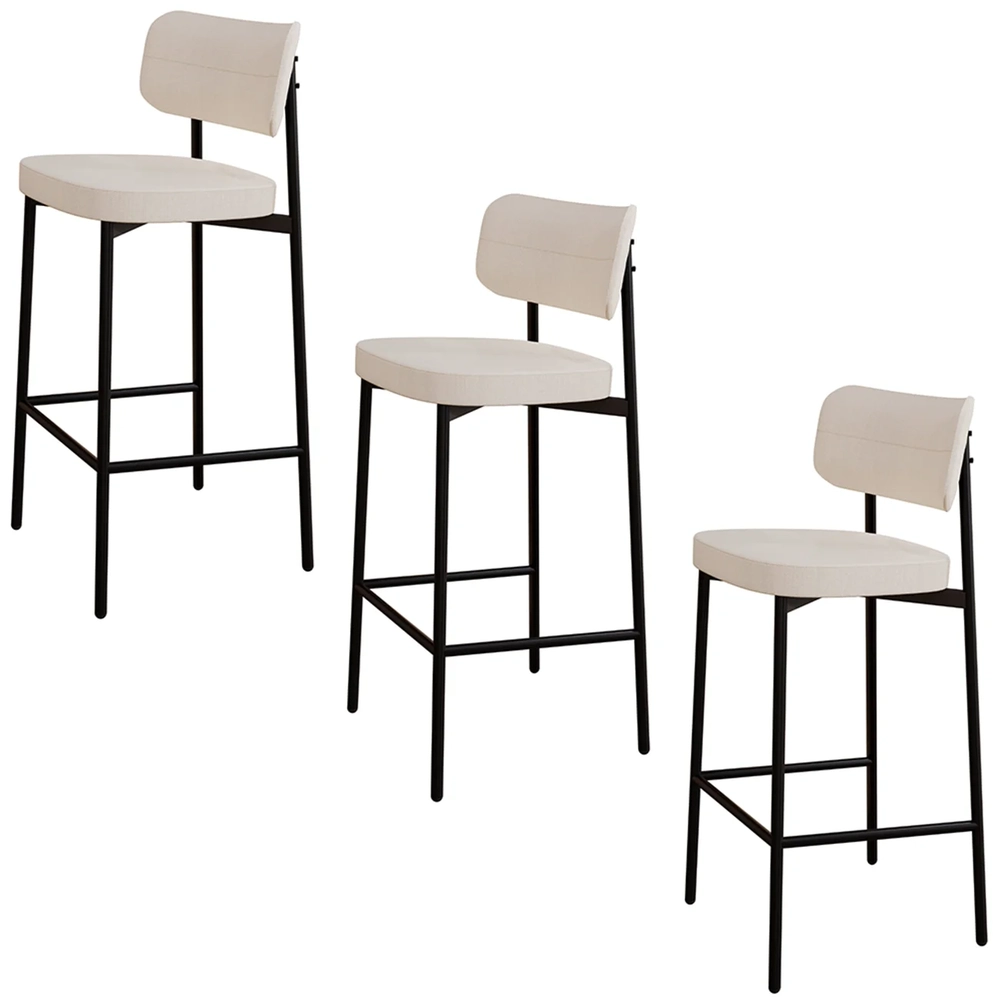 Banqueta Alta Bar Estofada Kit 3 Ella M25 Linho Palha - Mpozenato