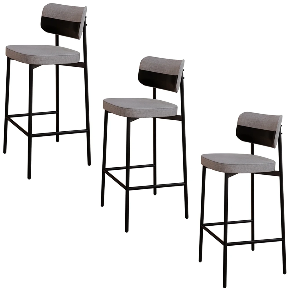 Banqueta Alta Bar Estofada Kit 3 Ella M25 Linho Cinza CL/Preto - Mpozenato