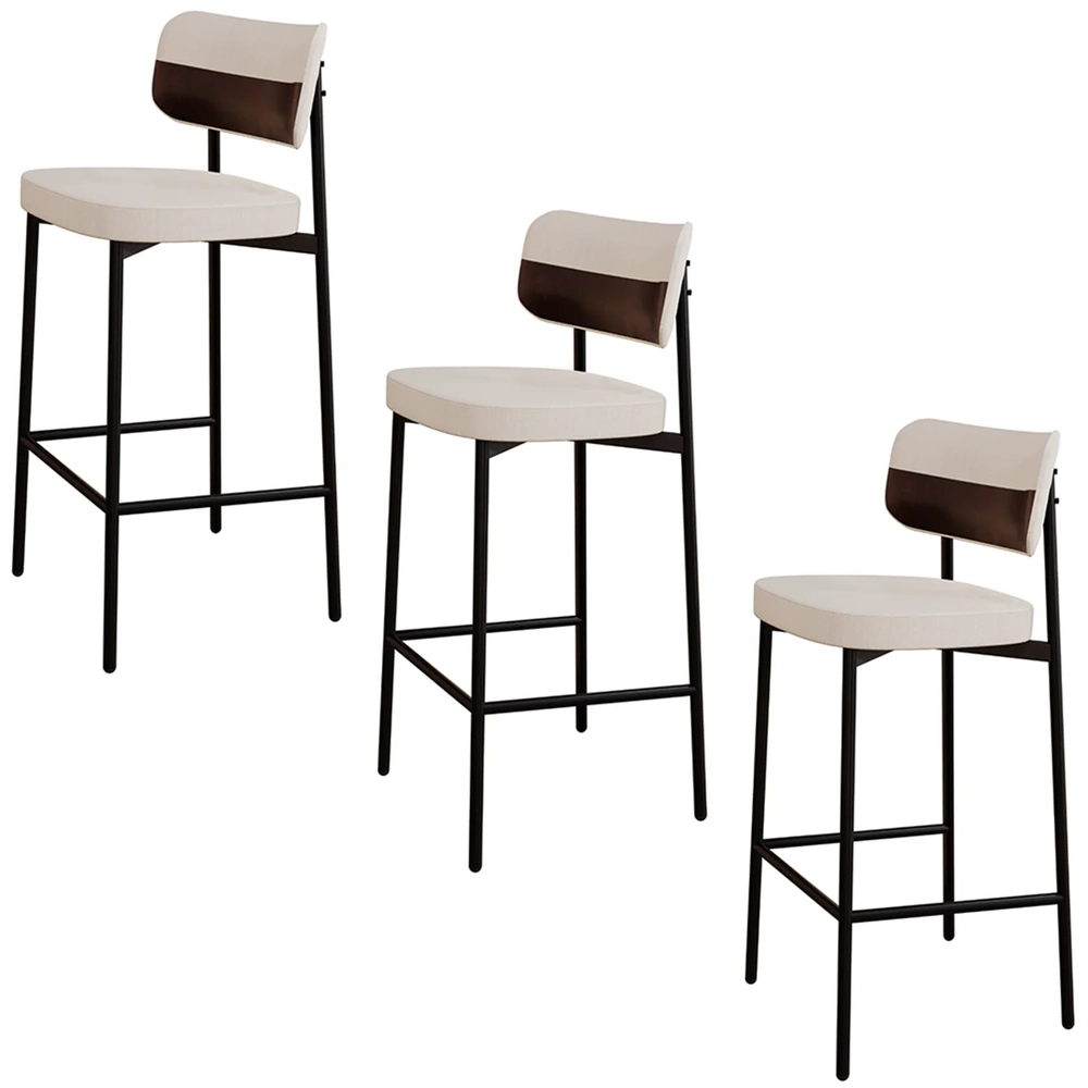 Banqueta Alta Bar Estofada Kit 3 Ella M25 Linho Palha/Marrom - Mpozenato