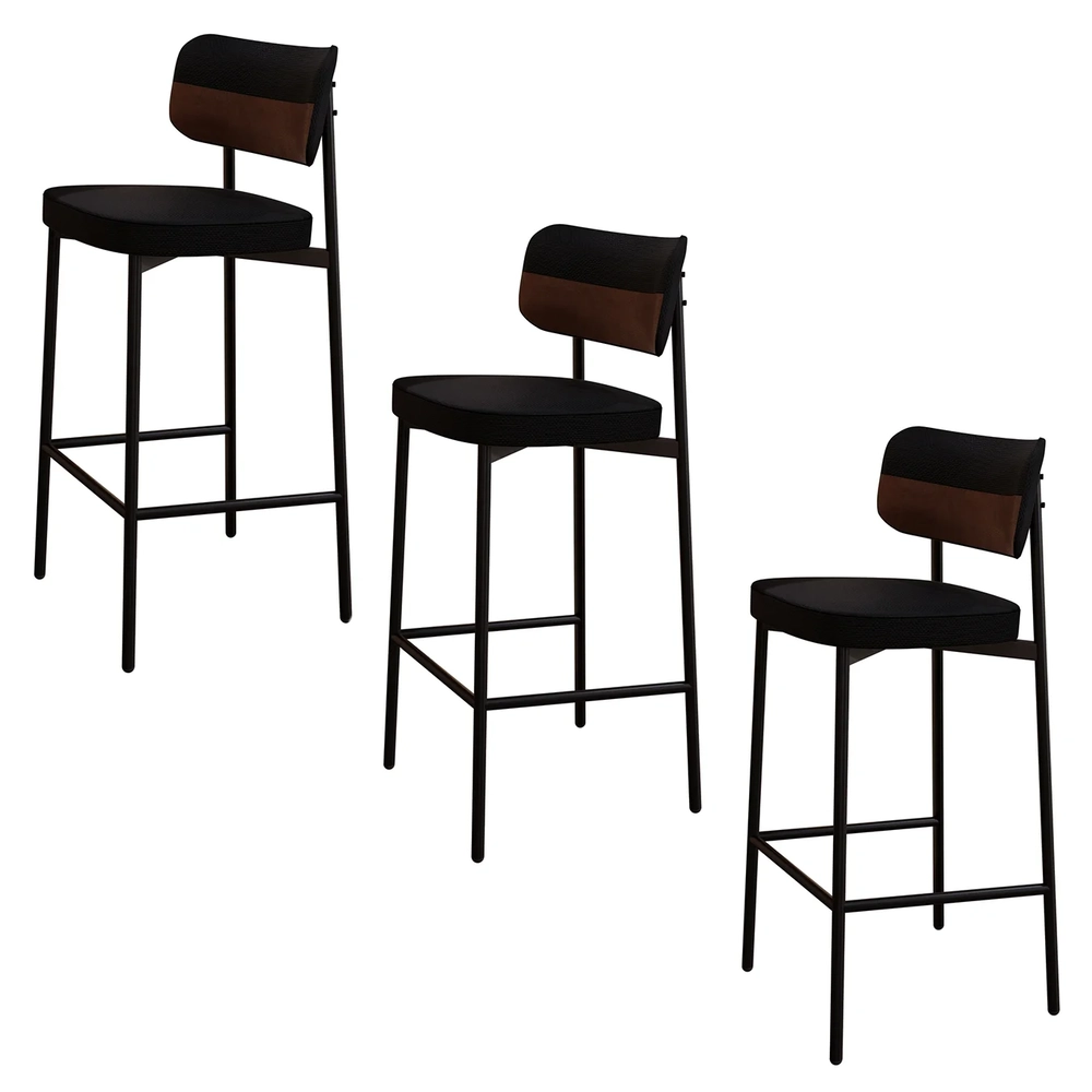 Banqueta Alta Bar Estofada Kit 3 Ella M25 Linho Preto/Marrom - Mpozenato