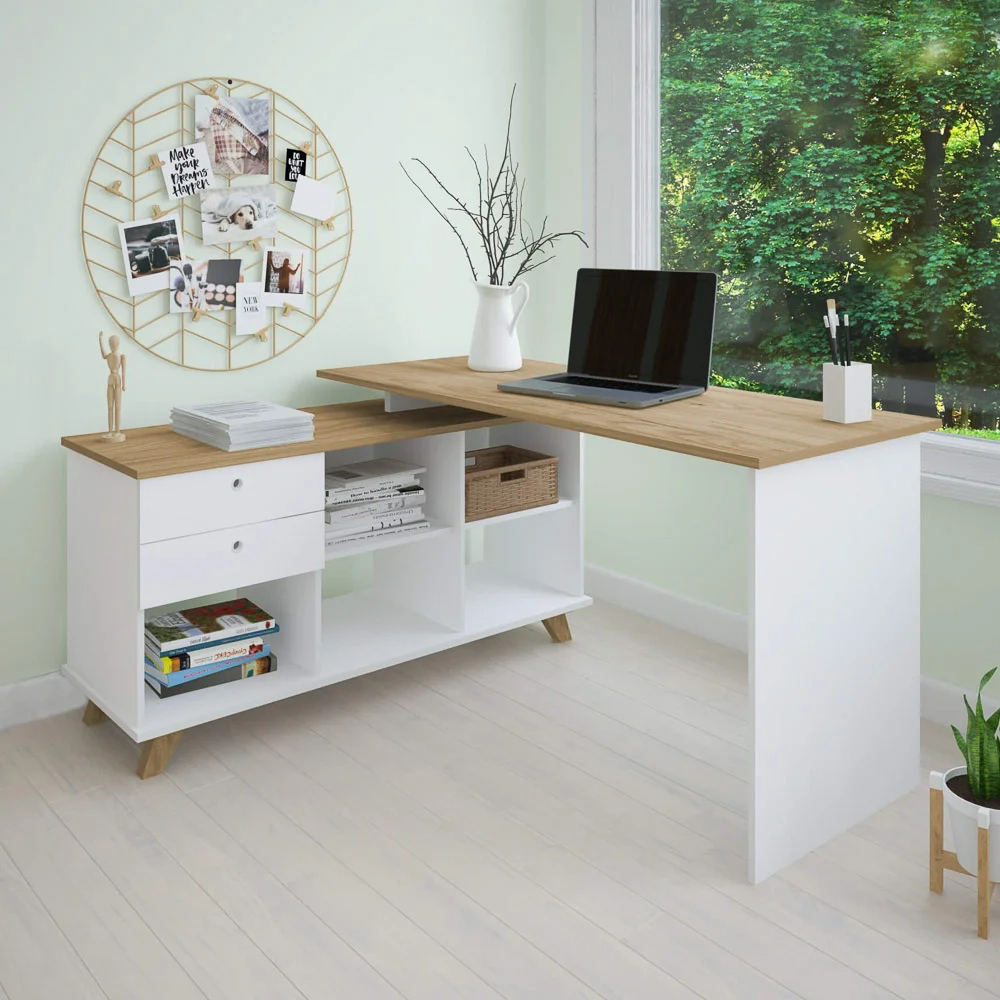 Mesa Para Computador Escrivaninha Em L Gold 2 Gavetas e Nichos  Branco/Olmo - Artany