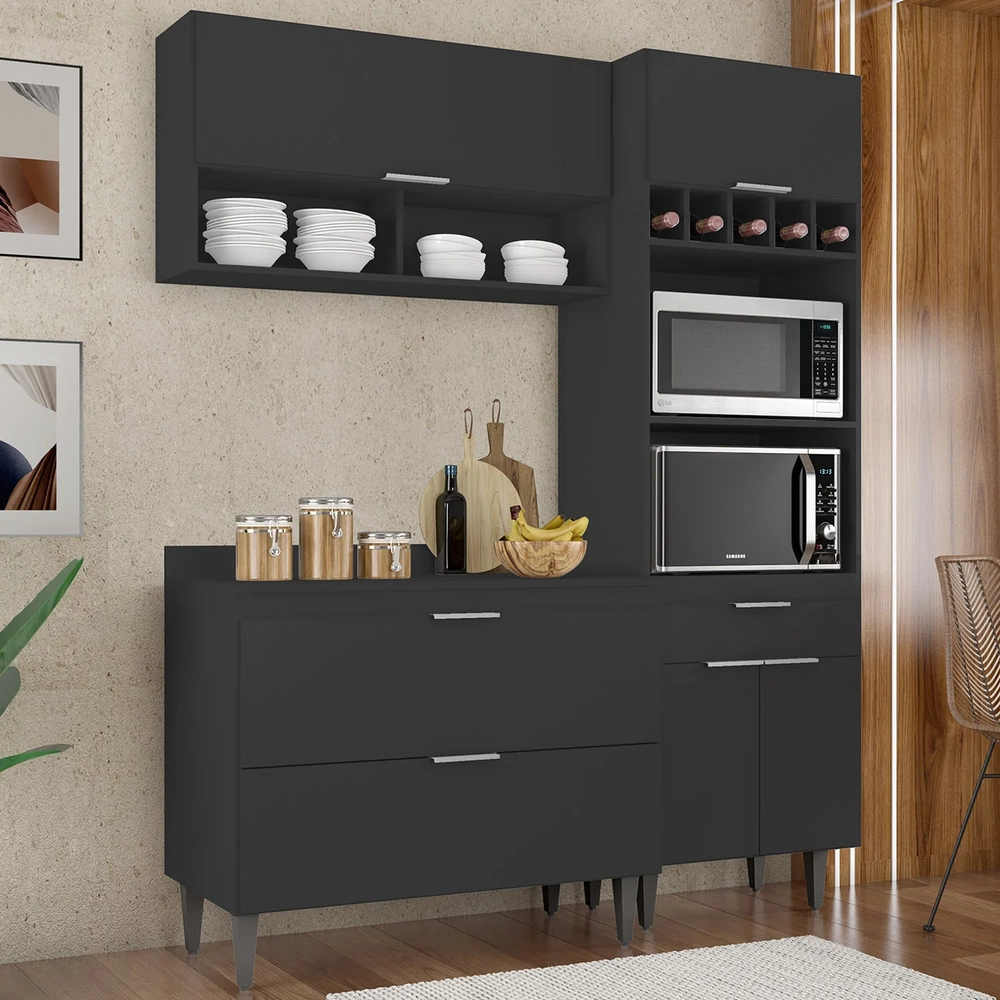 Armário de Cozinha Com Tampo CP02 160cm Pérola Preto Z34      - Mpozenato