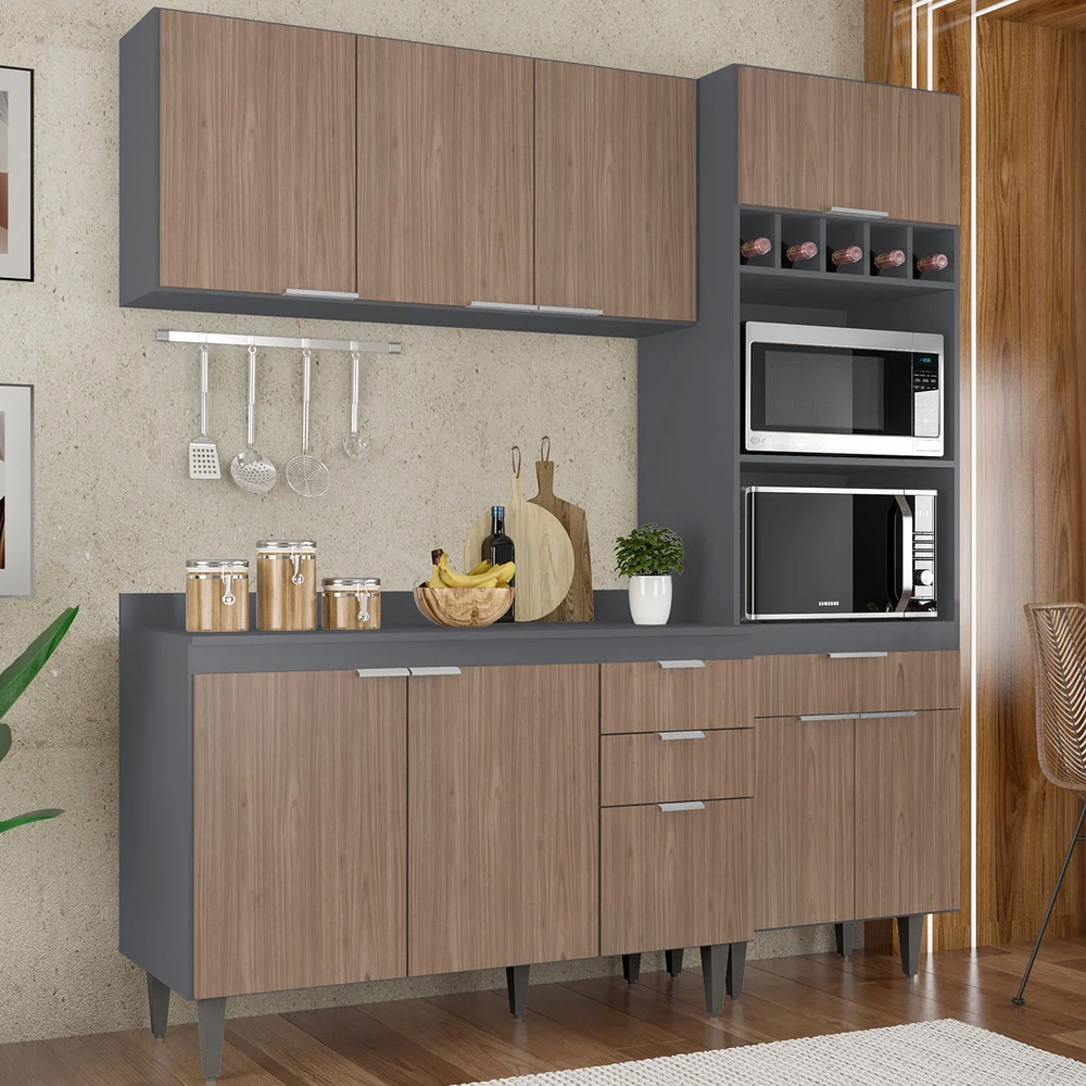 Armário de Cozinha Com Tampo CP02 180cm Pérola Grafite/Freijó Z34 - Mpozenato