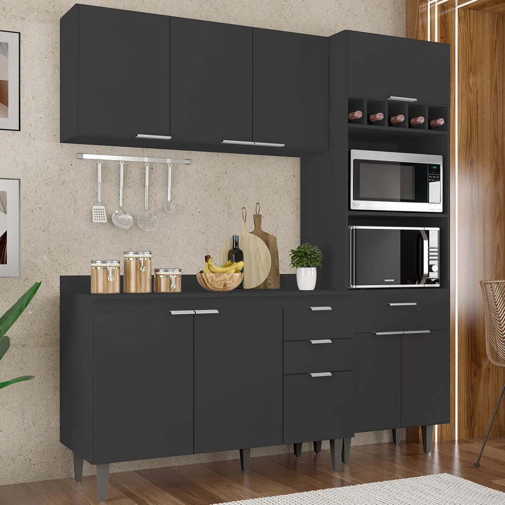 Armário de Cozinha Com Tampo CP02 180cm Pérola Preto Z34      - Mpozenato