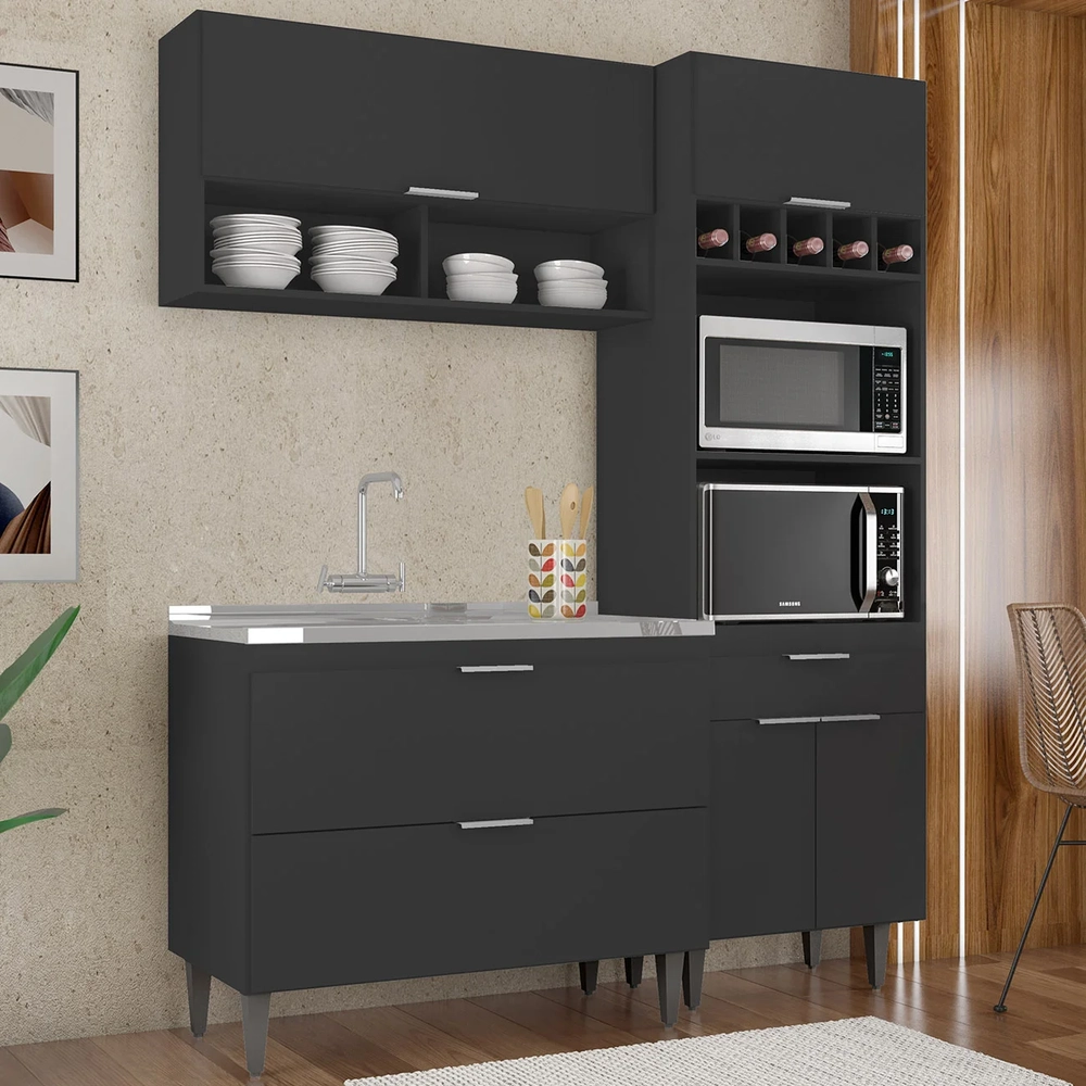 Armário de Cozinha CP02 Com Pia 100cm Pérola Z34 Preto      - Mpozenato