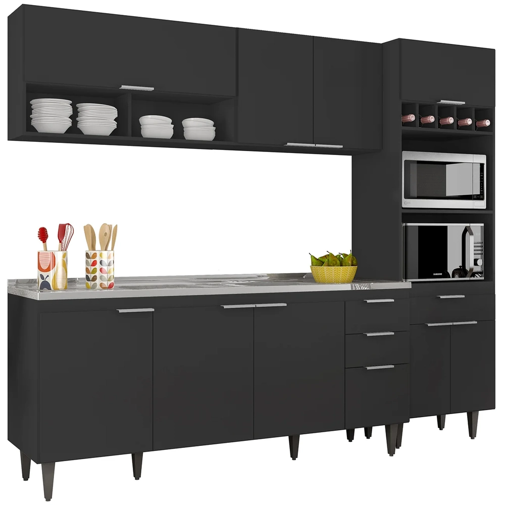 Armário de Cozinha CP02 Com Pia 180cm Pérola Z34 Preto      - Mpozenato