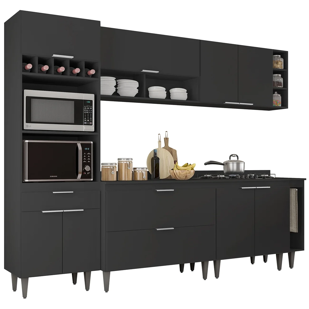 Armário de Cozinha Com Tampo CP07 260cm Pérola Preto Z34      - Mpozenato