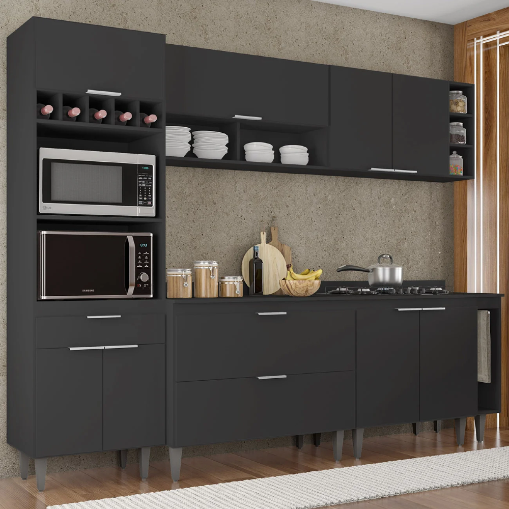 Armário de Cozinha Com Tampo CP07 260cm Pérola Preto Z34 - Mpozenato