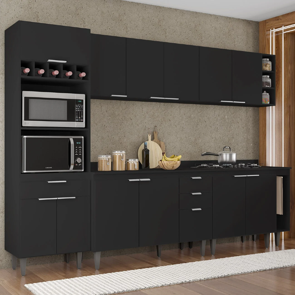 Armário de Cozinha Com Tampo CP07 280cm Pérola Preto Z34 - Mpozenato