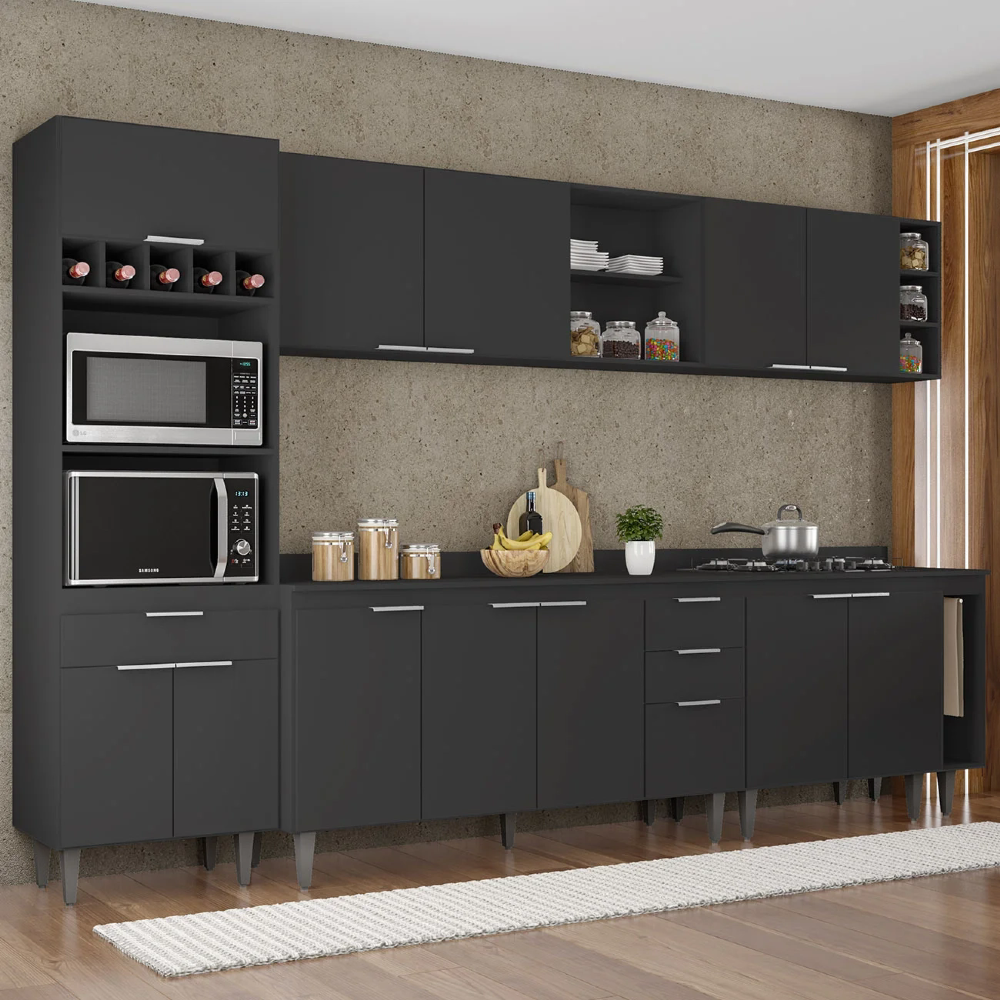 Armário de Cozinha Com Tampo CP07 310cm Pérola Preto Z34 - Mpozenato