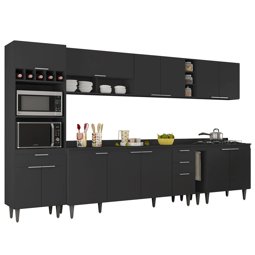 Armário de Cozinha Com Tampo CP07 340cm Pérola Preto Z34      - Mpozenato