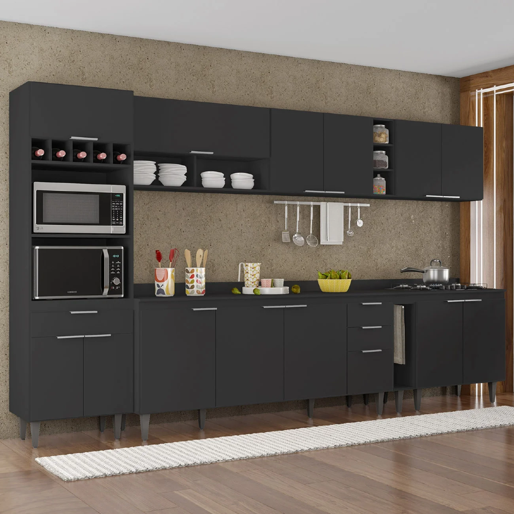Armário de Cozinha Com Tampo CP07 340cm Pérola Preto Z34 - Mpozenato