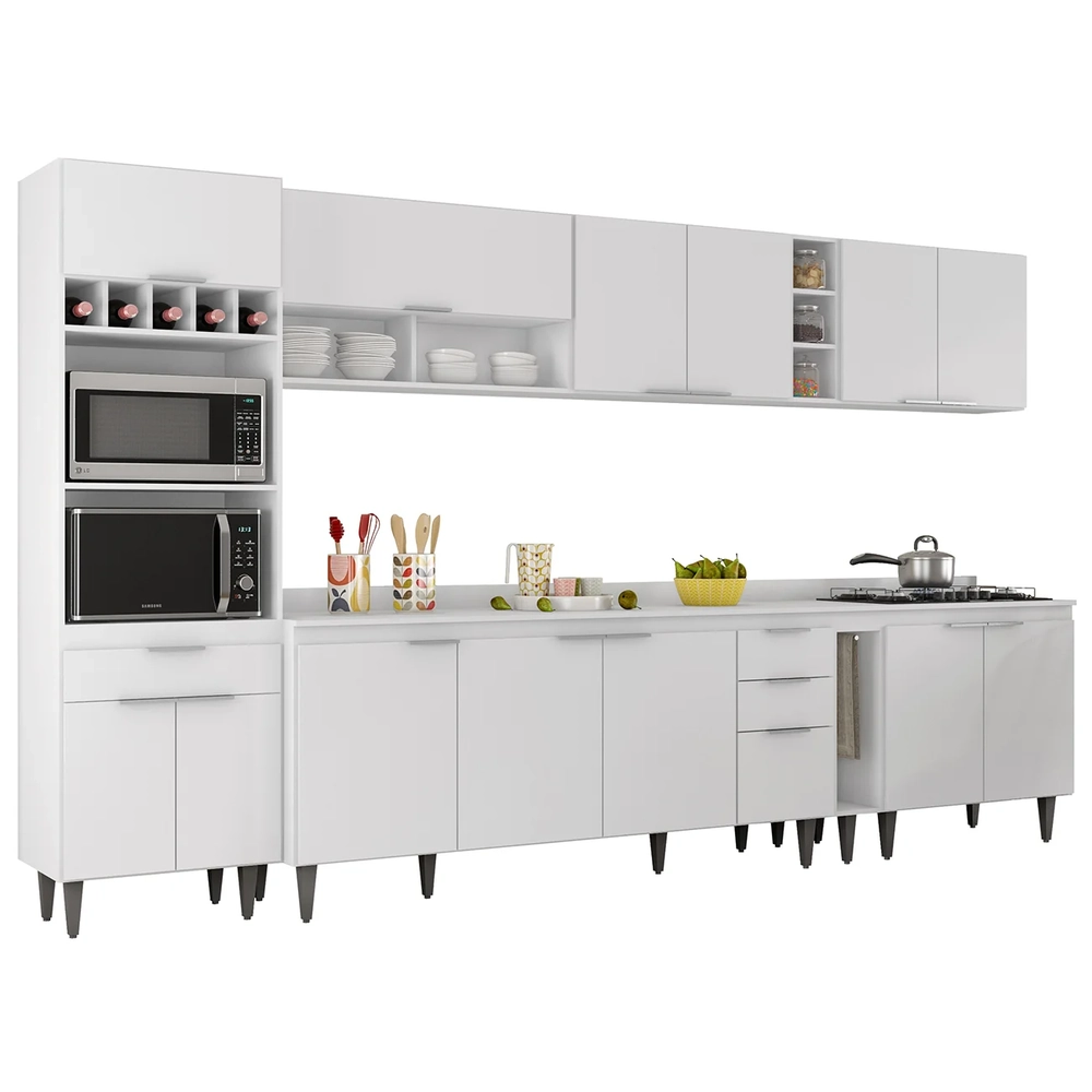 Armário de Cozinha Com Tampo CP07 340cm Pérola Branco Z34     - Mpozenato