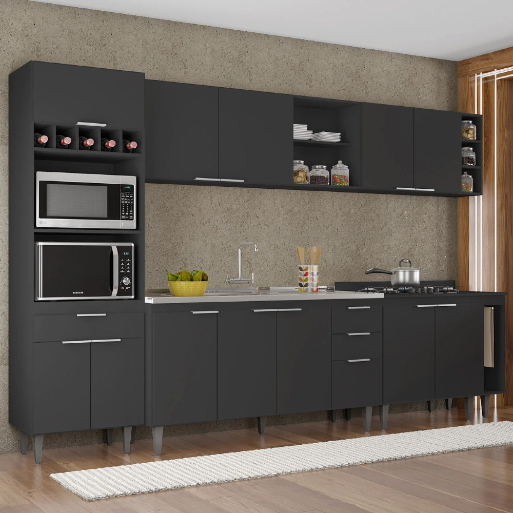 Armário de Cozinha CP07 Com Pia 150cm Pérola Z34 Preto - Mpozenato