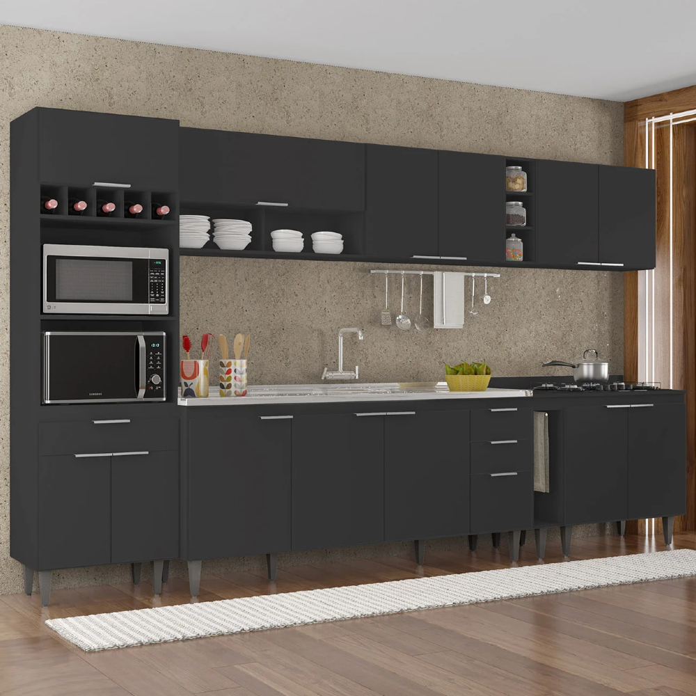 Armário de Cozinha CP07 Com Pia 180cm Pérola Z34 Preto - Mpozenato