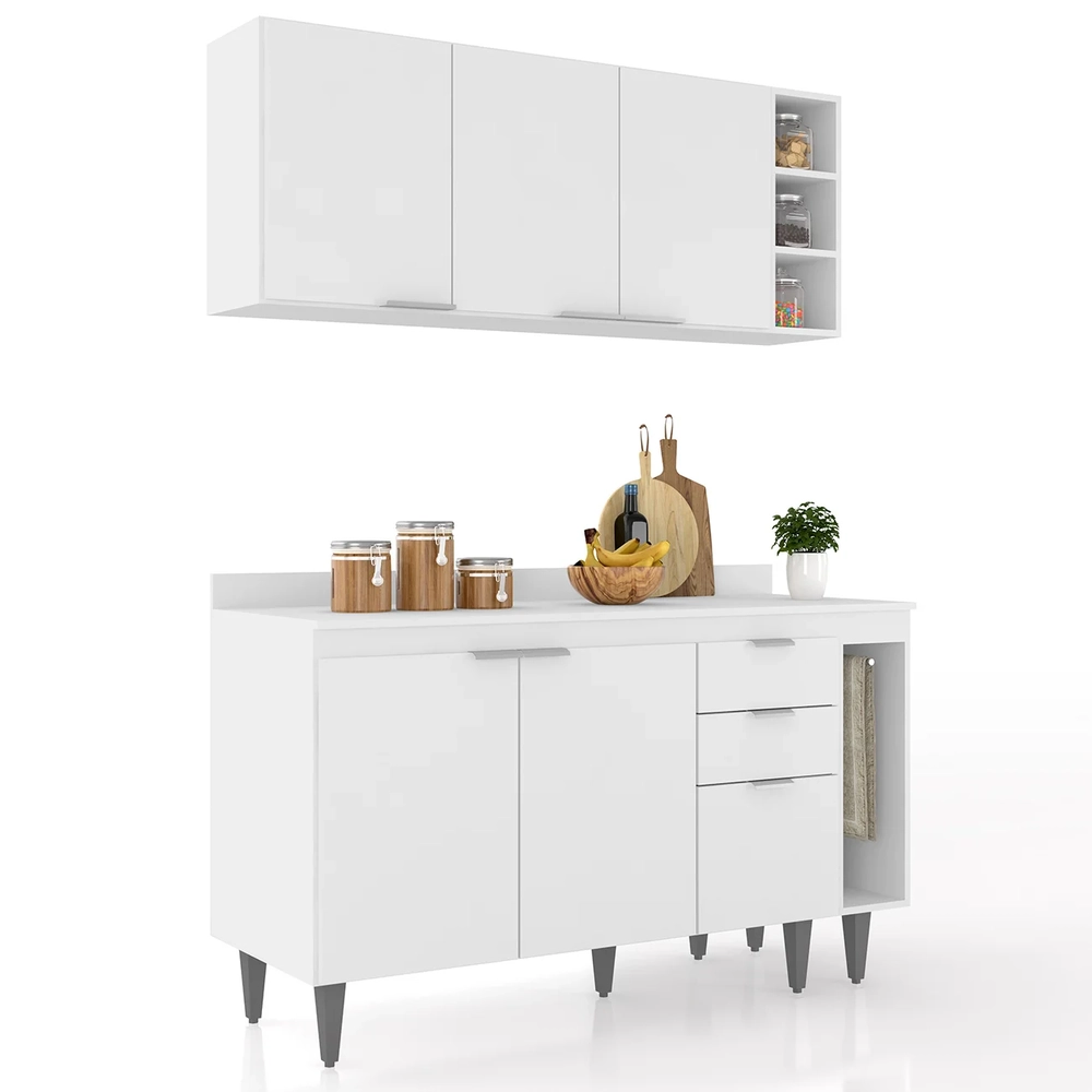 Armário de Cozinha Com Tampo CP08 140cm Pérola Branco Z34     - Mpozenato