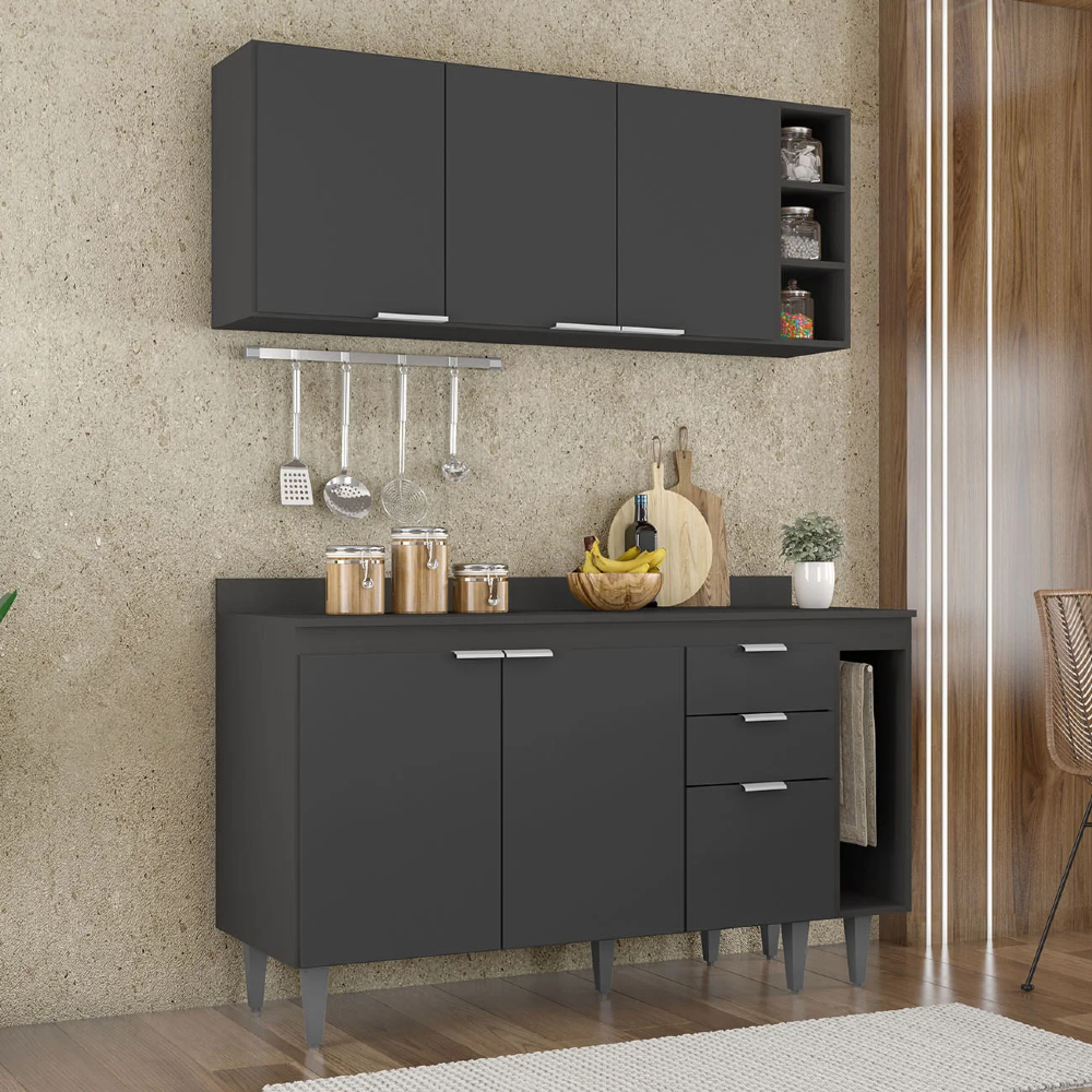 Armário de Cozinha Com Tampo CP08 140cm Pérola Preto Z34 - Mpozenato
