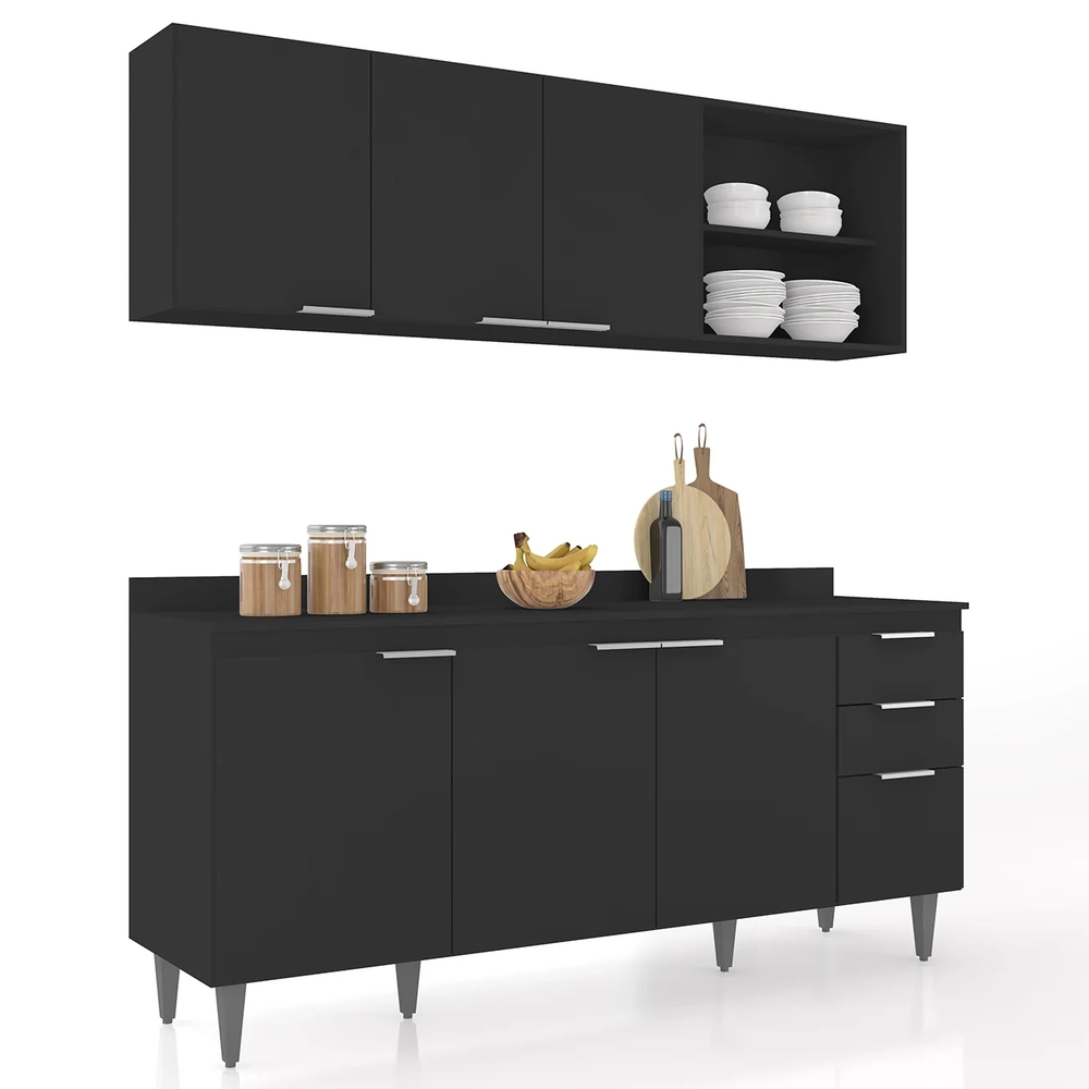 Armário de Cozinha Com Tampo CP10 180cm Pérola Preto Z34      - Mpozenato